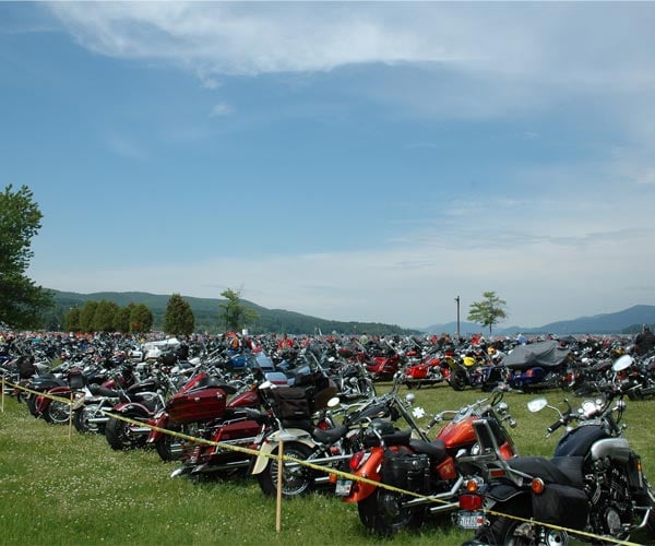 Motorcyles parked on the grass