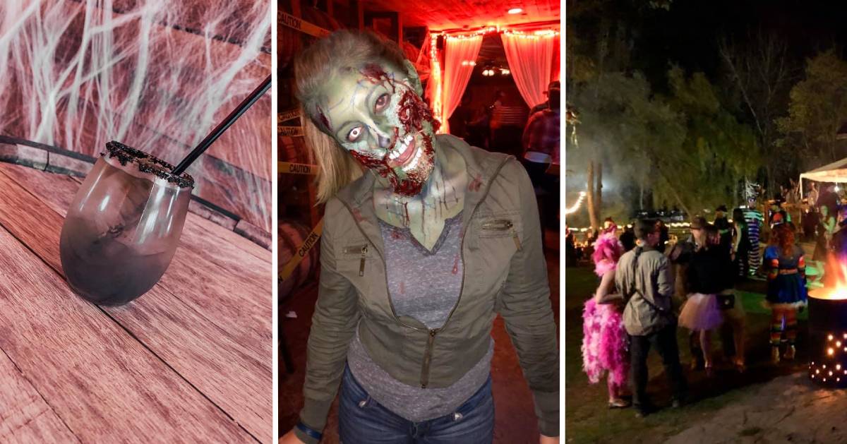 image split in three of spooky cocktail, girl zombie, and outdoor Halloween party by fire pit