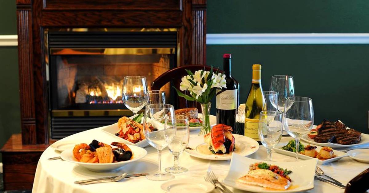 restaurant table by a fireplace