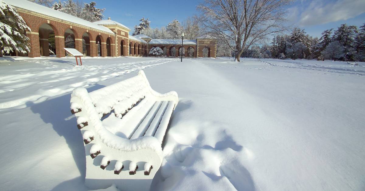 a snow covered bench in a park