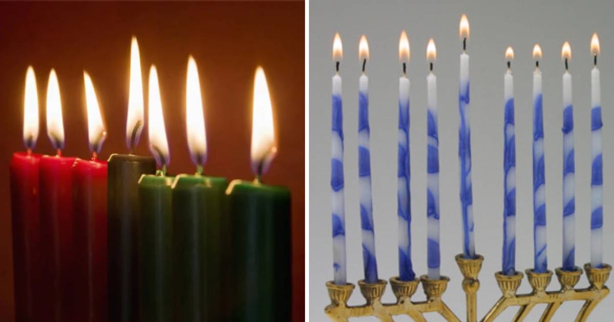 split image with kwanzaa candles on the left and hannakuh on the right