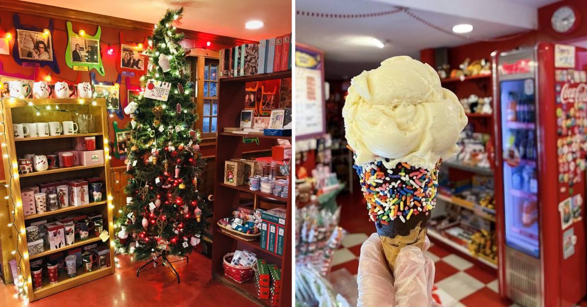 left image of christmas tree and holiday gifts and right image of ice cream cone