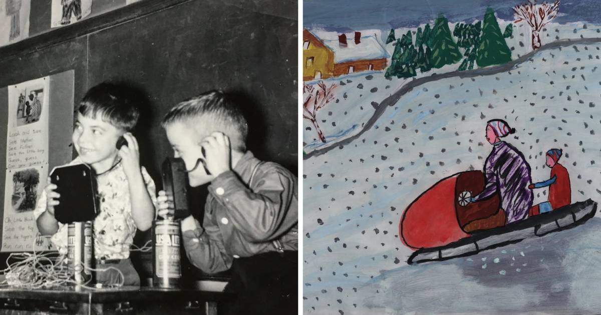 split image with black and white photo of kids on an old fashioned phone on the left and what looks like a child's painting of a child and parent sledding