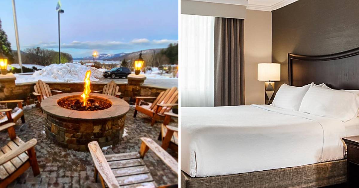 split image with outdoor fire on the left and hotel bed on the right