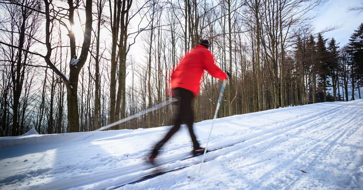 skier in a red coat cross country skiing across a trail