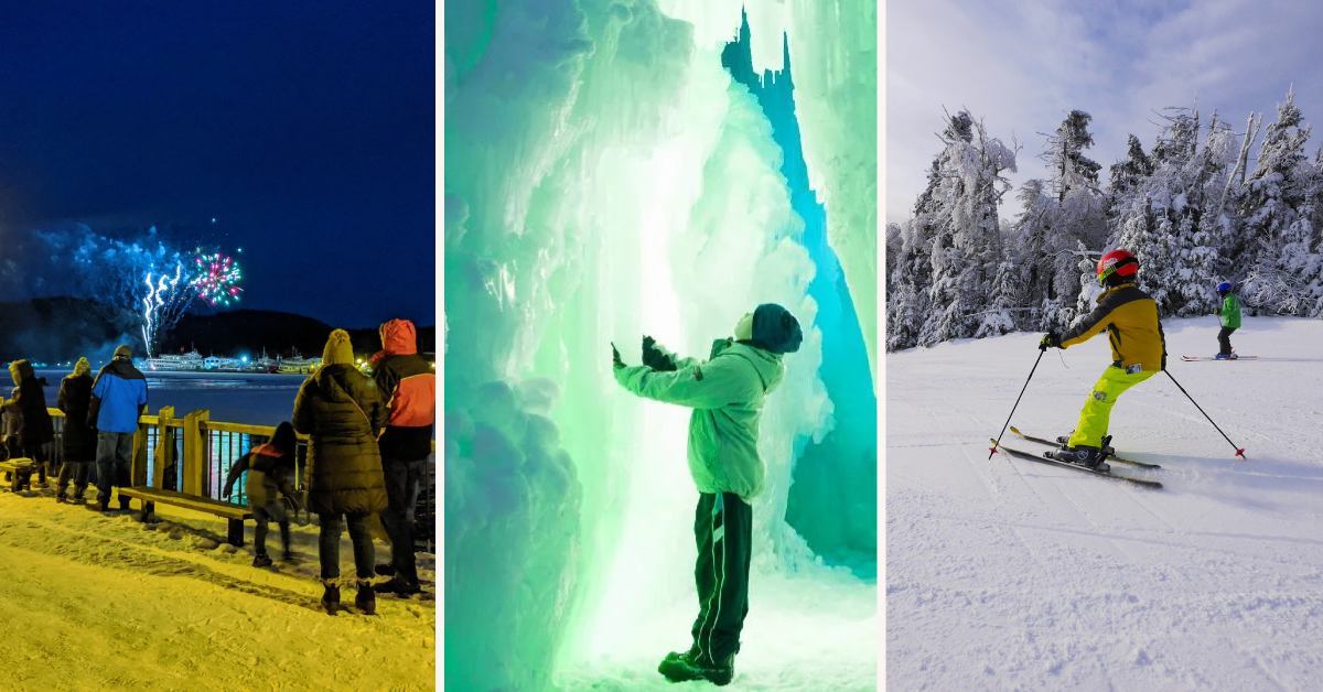 left image of fireworks shows, middle image of boy in ice castle, and right image of skiers