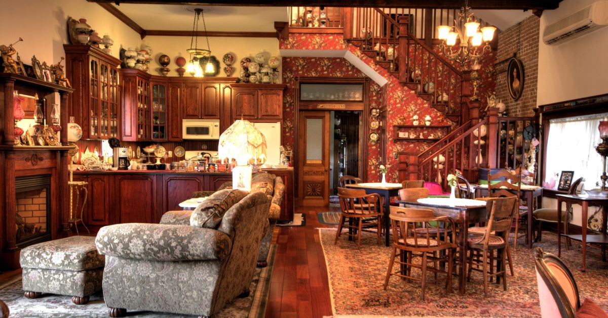 living room and kitchen with some antique decor