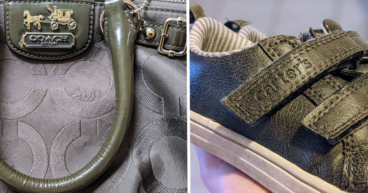 split image with Coach purse on the left and Carter's sneakers on the right
