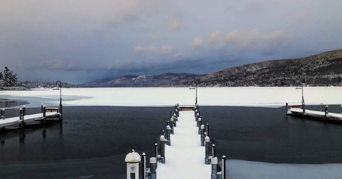 a view of frozen Lake George