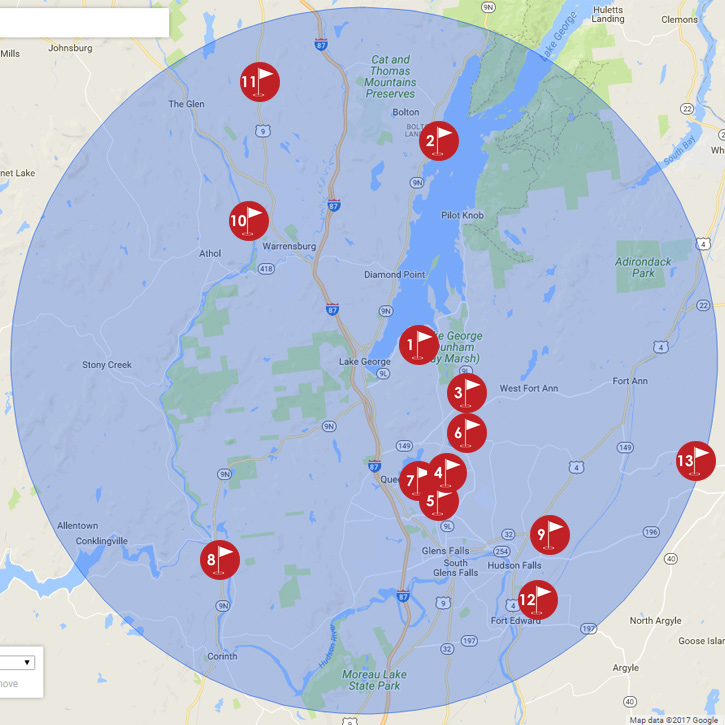 map of Lake George area with golf courses flagged