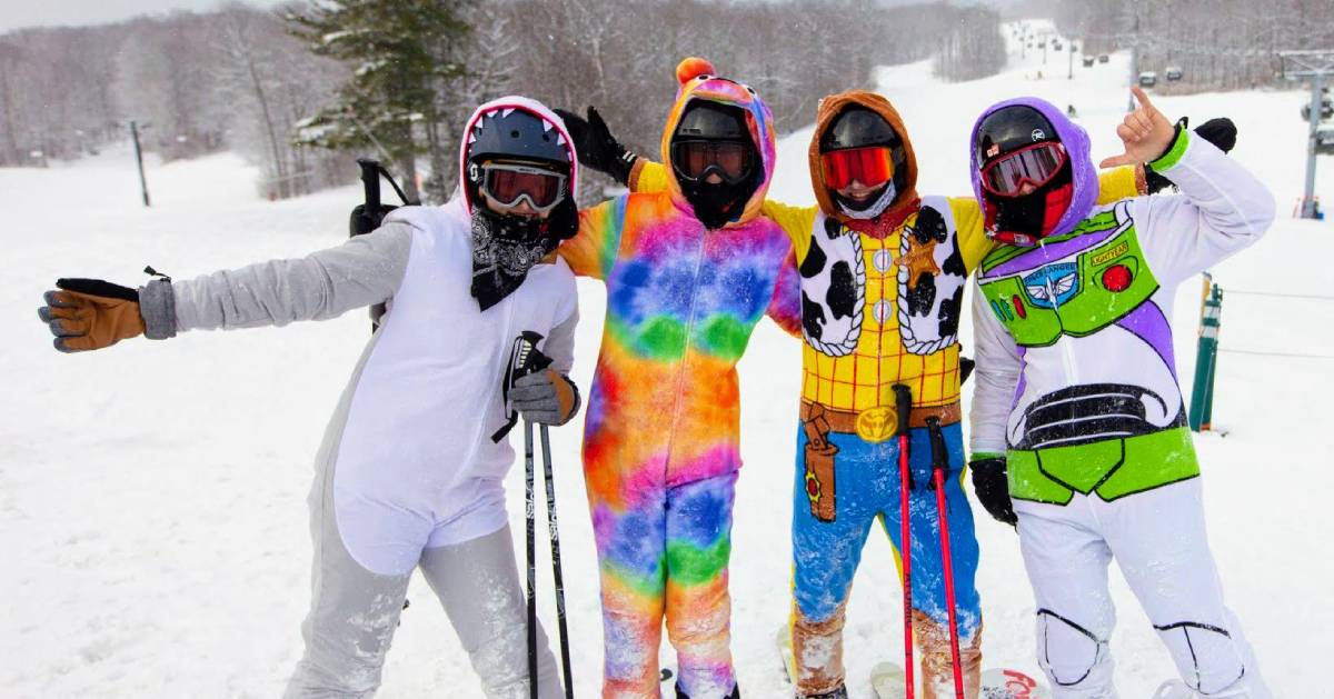 kids in ski gear and costumes