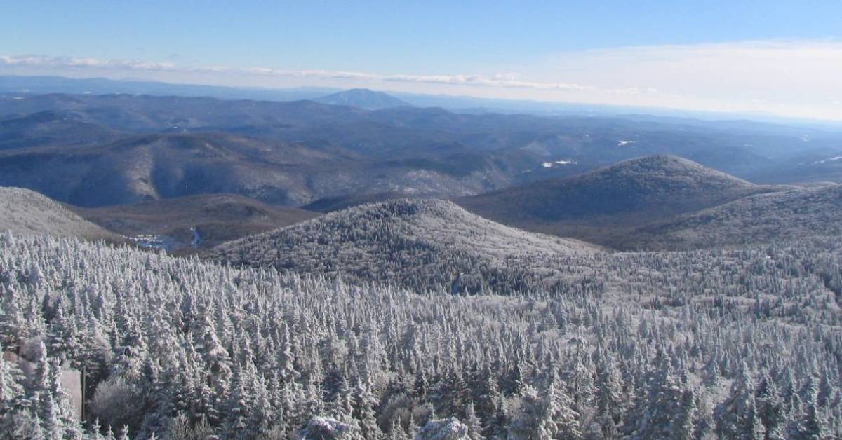 wide view of snow covered mountains and trees