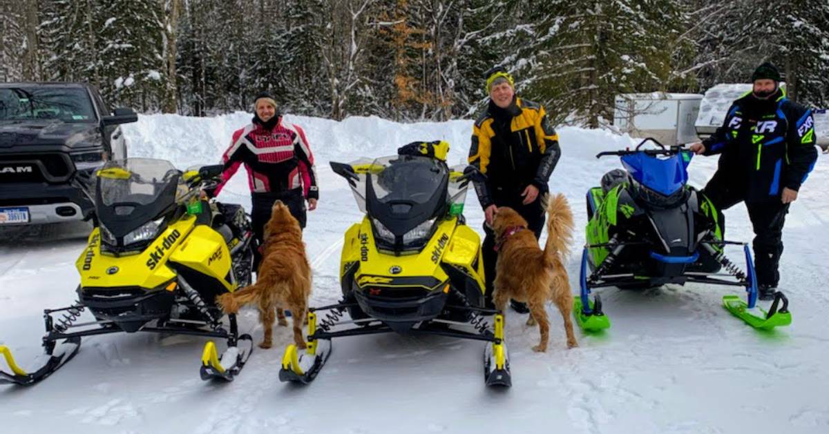 three snowmobilers posing with two dogs