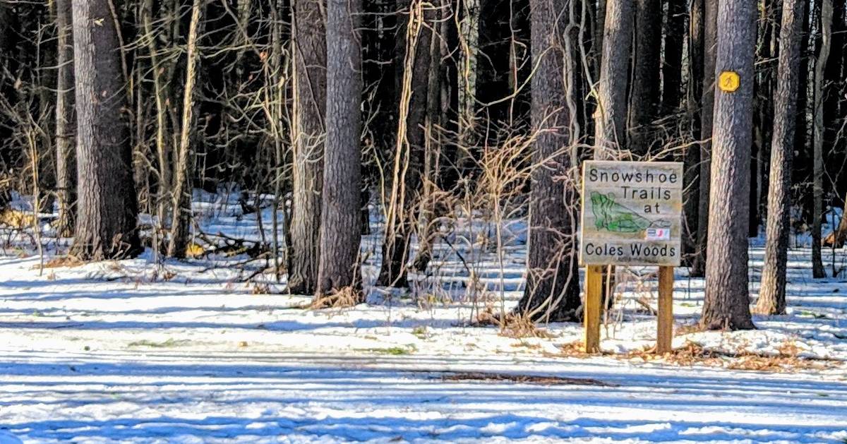 Cole's Woods snowshoe trails sign