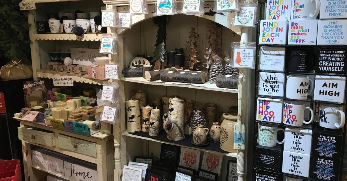 rustic decor and other products on store shelves