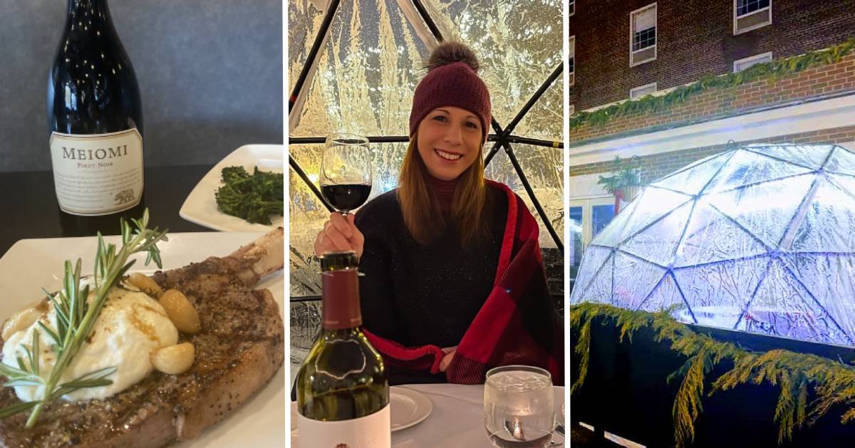  split image of pork chop and wine meal, woman in igloo with wine, and outside of igloo