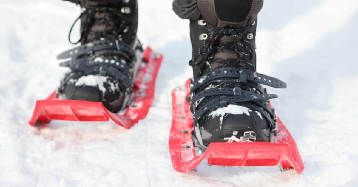 person with pair of red metal snowshoes