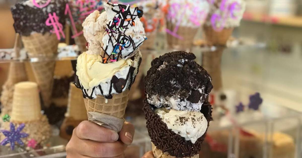 different ice cream cones in a window