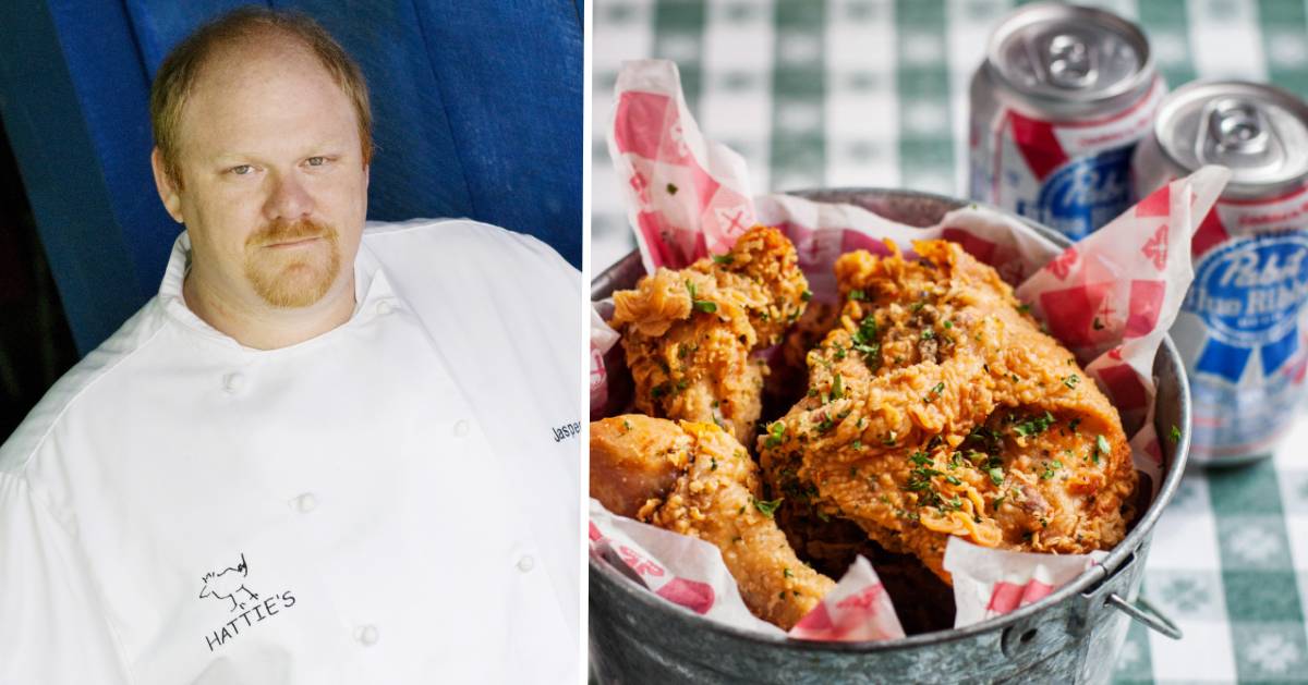 split image with chef on the left and bucket of friend chicken with beer on the right