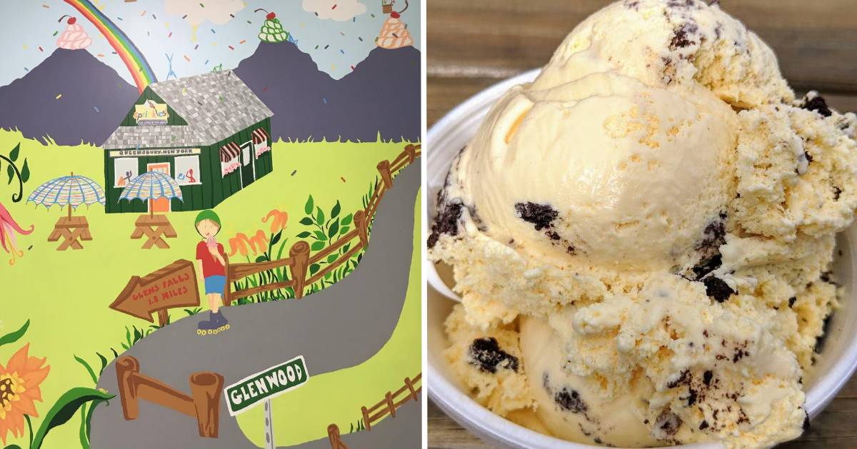 split image with mural on the left and on the right a banana Oreo crumble ice cream in a dish
