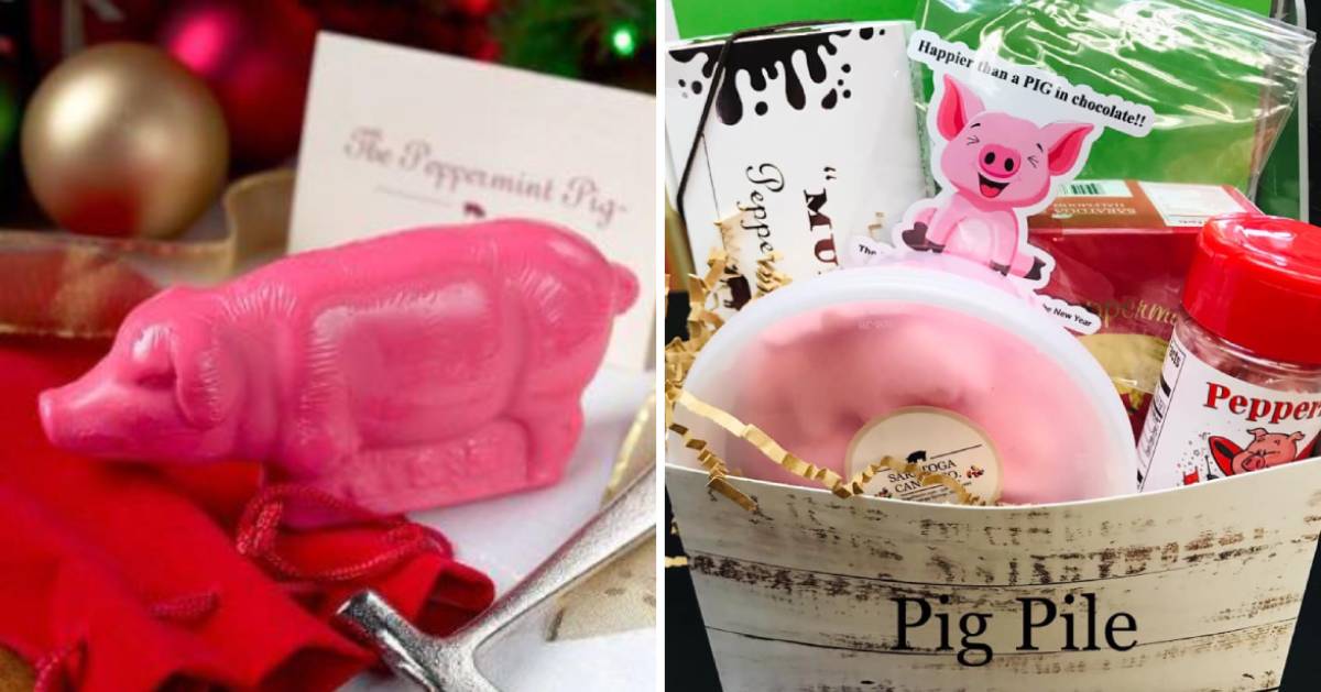 split image with peppermint pig on left and pail of pig items on right