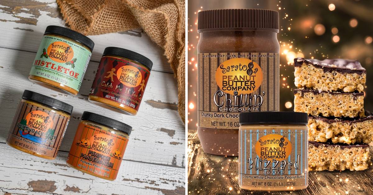 split image with two promotional photos of Saratoga Peanut Butter products