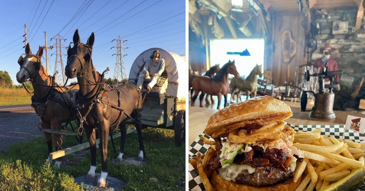 left image of a life size horse drawn covered wagon and right image of a bbq burger and fries