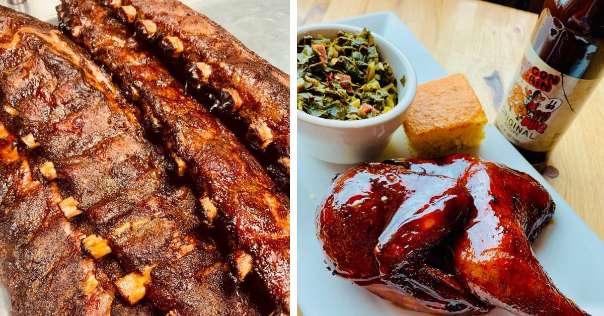 left image of bbq ribs, right imaged of bbq chicken, collard greens and cornbread