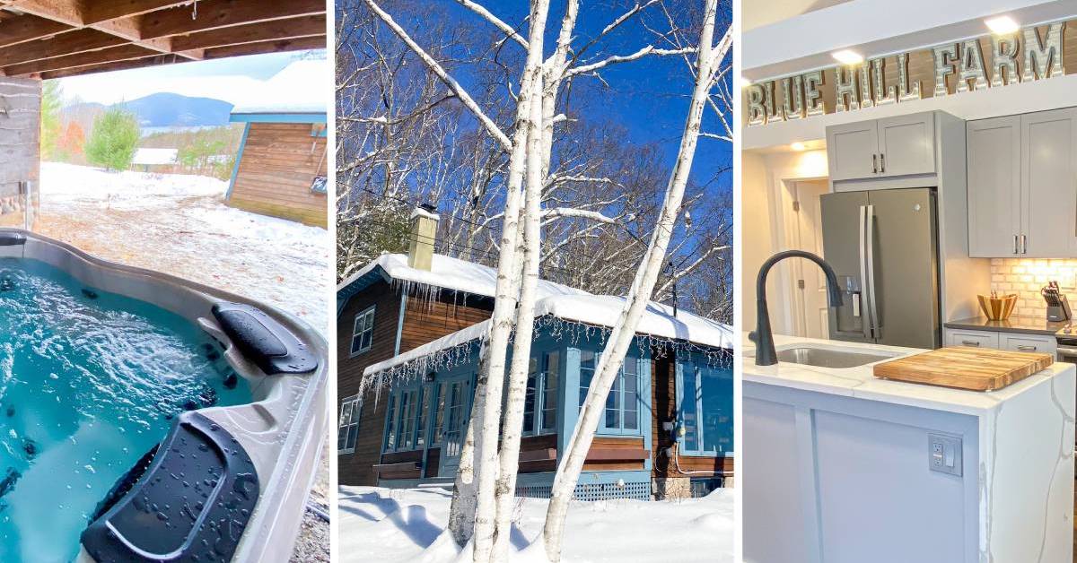 image split in three with hot tub, winter cabin, and kitchen