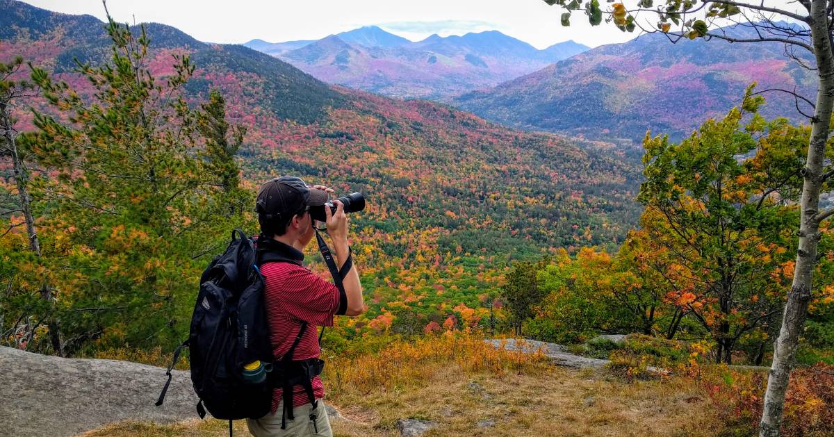 man photographing foliage in mountains