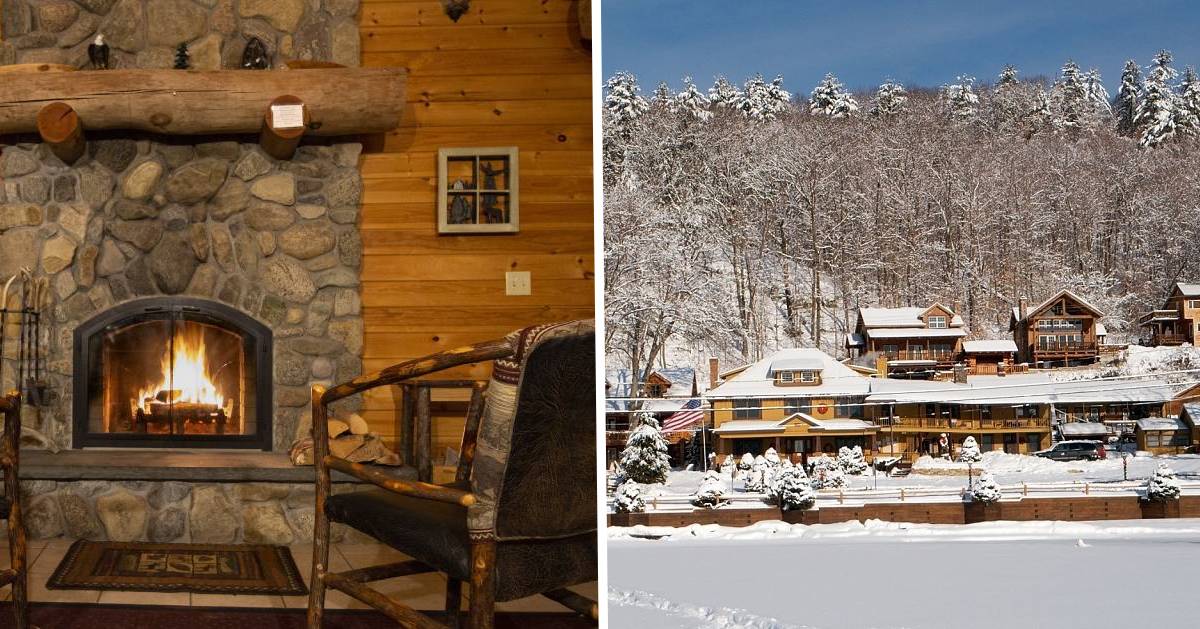 split image with fireplace on left and cabins in snow on right