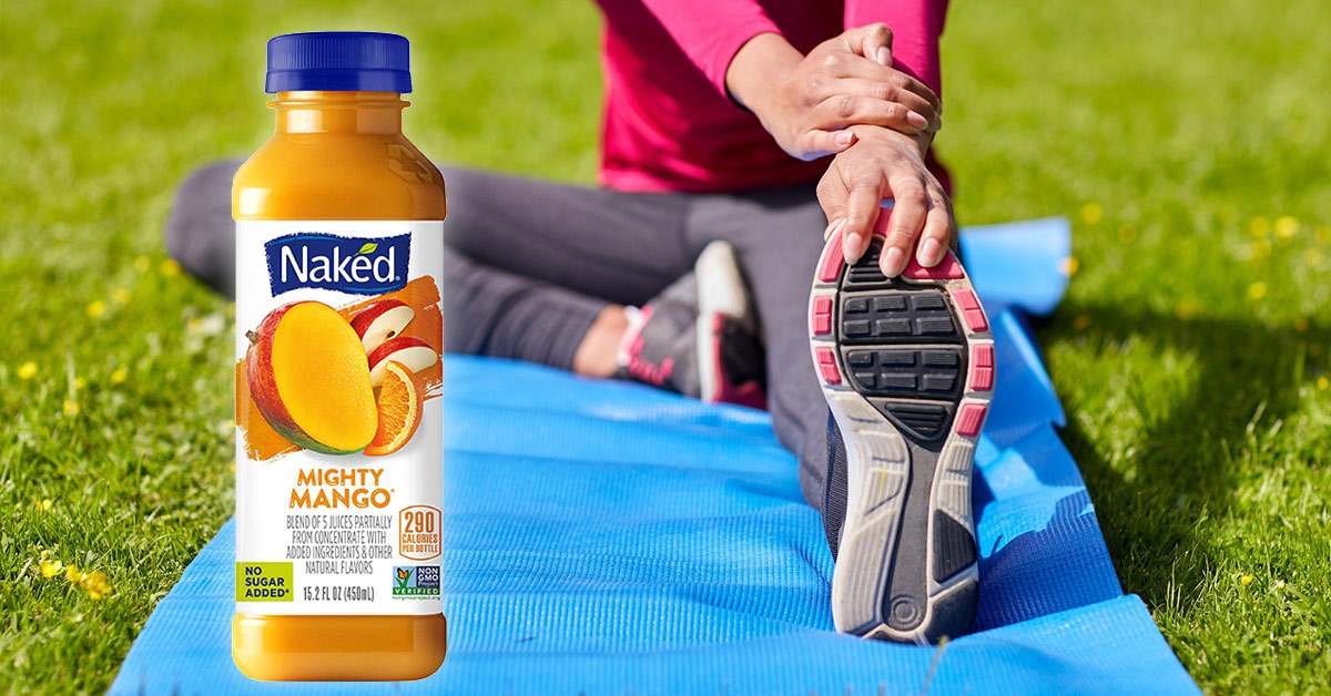 image of naked juice bottle over person doing yoga outdoors