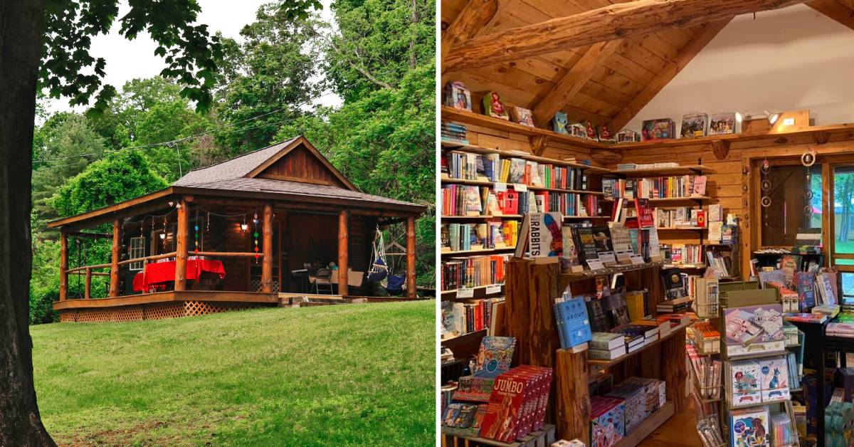 exterior and interior of the book cabin