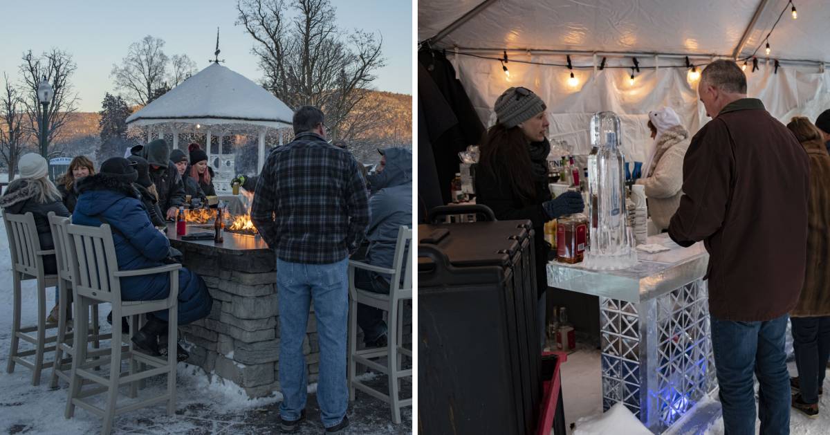 split image with outdoor fire pit on left and ice bar on the right
