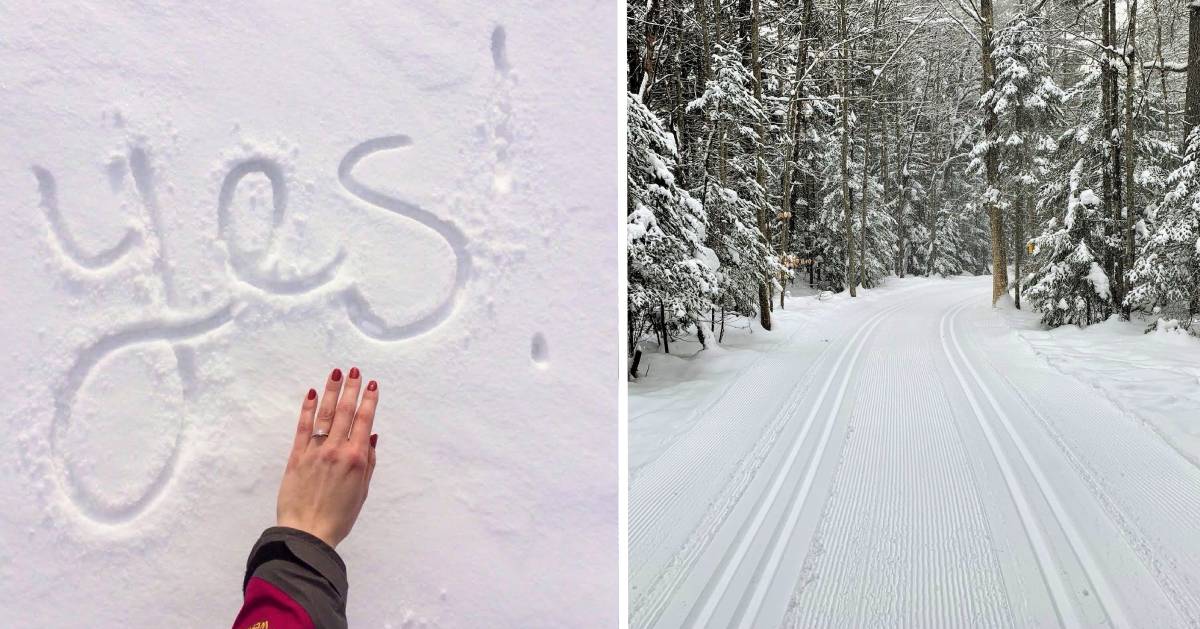 split image with hand with engagement ring and yes spelled out in the snow on the left and groomed cross-country ski trail on the right