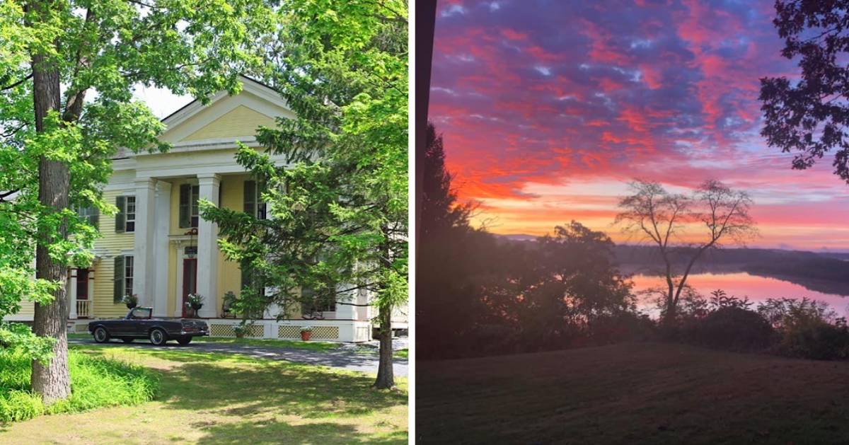 split image with bed and breakfast and sunset