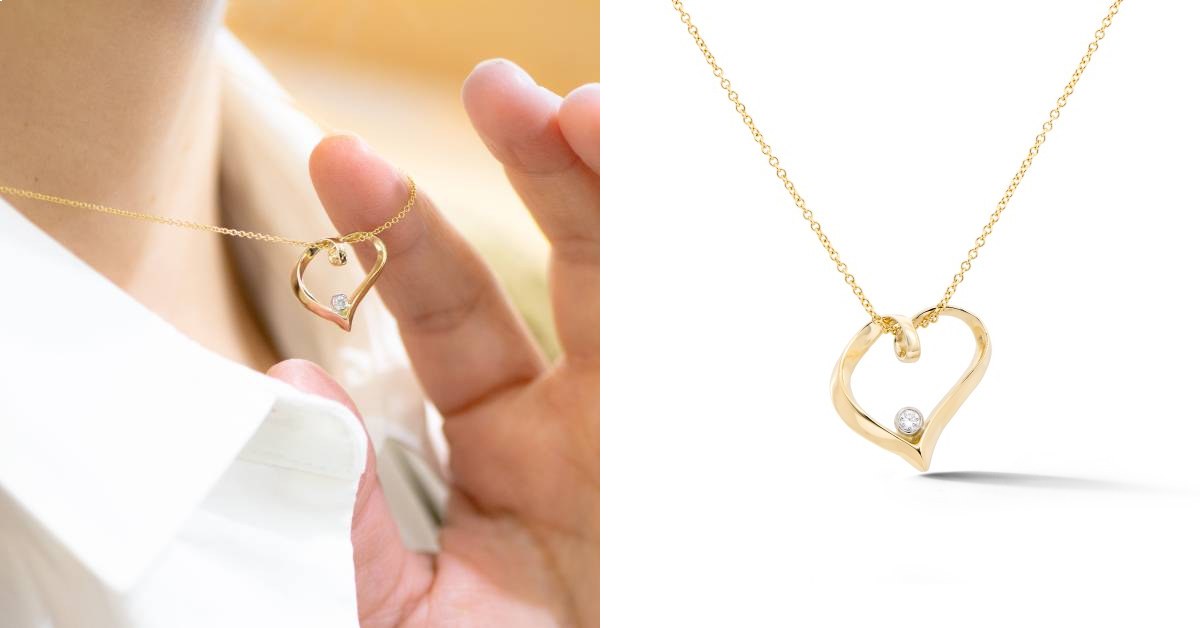 left image of woman showcasing a gold heart necklace and right image of a gold heart necklace