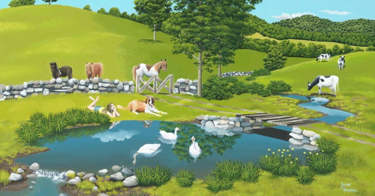 painting of a pasture with farm animals