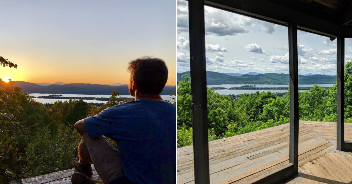 split image with man watching sunset at summit on left and summit view during day on right