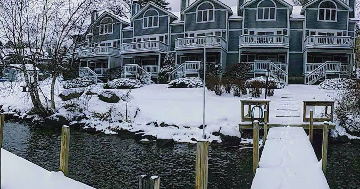 townhomes in the winter by lake