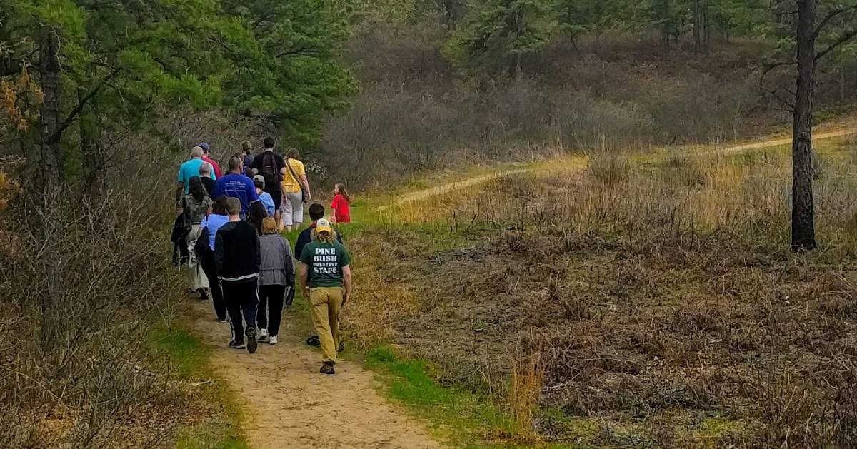 group of people on a walk through the Pine Bush