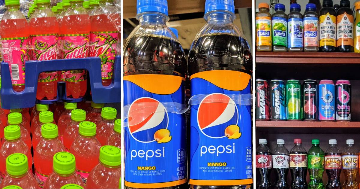 image split in three of Pepsi products, Pepsi Mango is in the middle