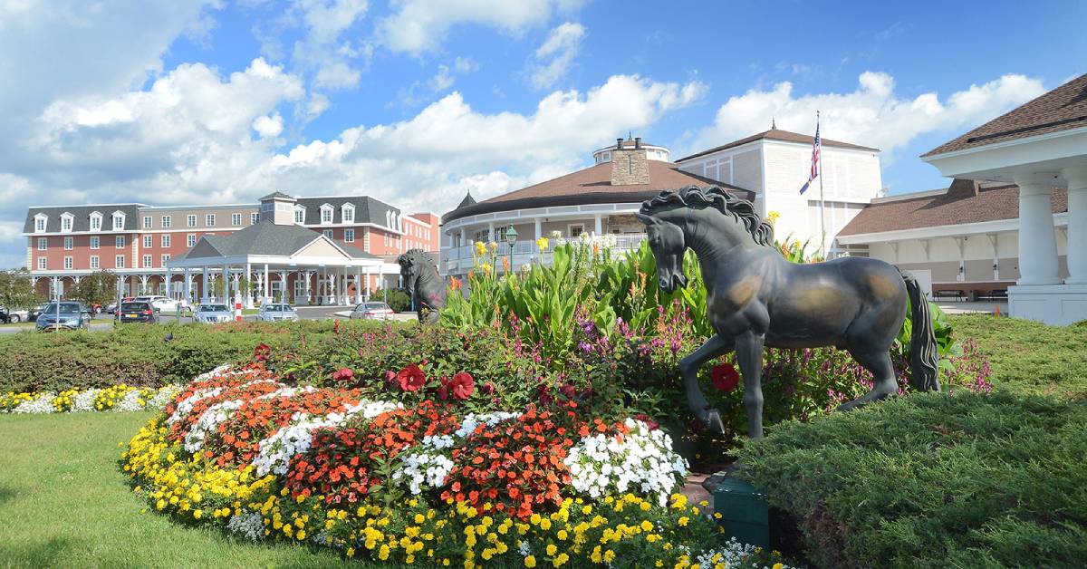 flowers and horse statue near hotel