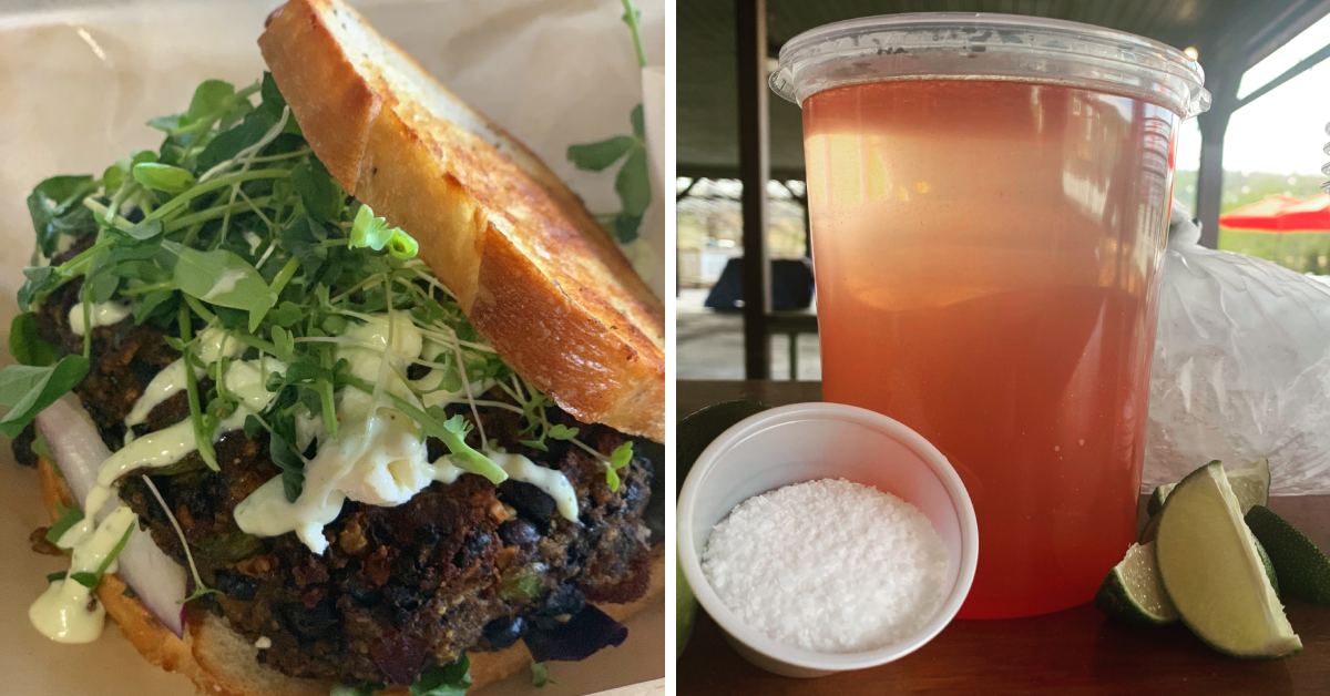 left photo of a sandwich, and a right photo of a mixed drink
