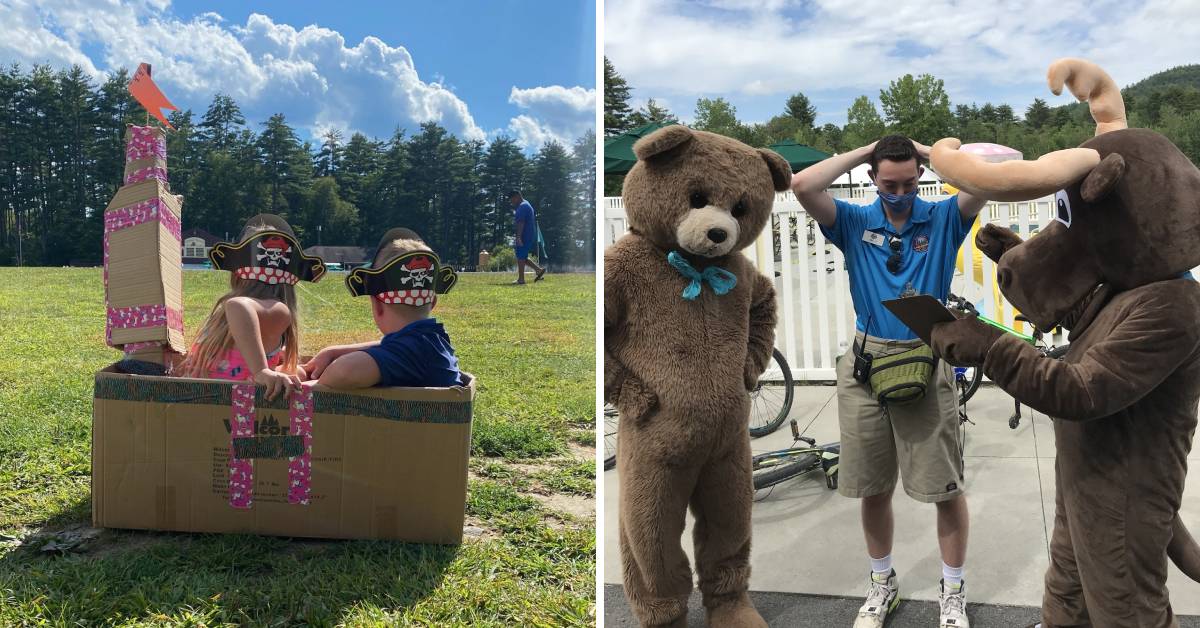 left photo of kids with pirate hats in a cardboard box, and a right photo of a campground worker and two people in animal costumes