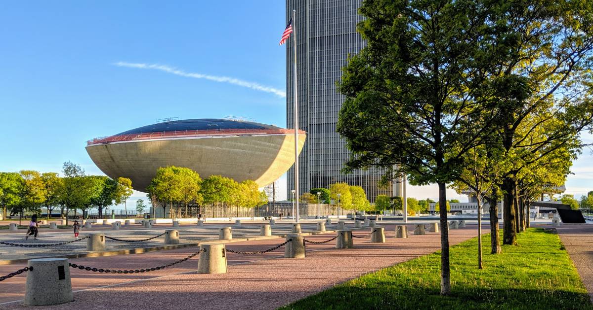 view of the Egg and trees at Empire State Plaza
