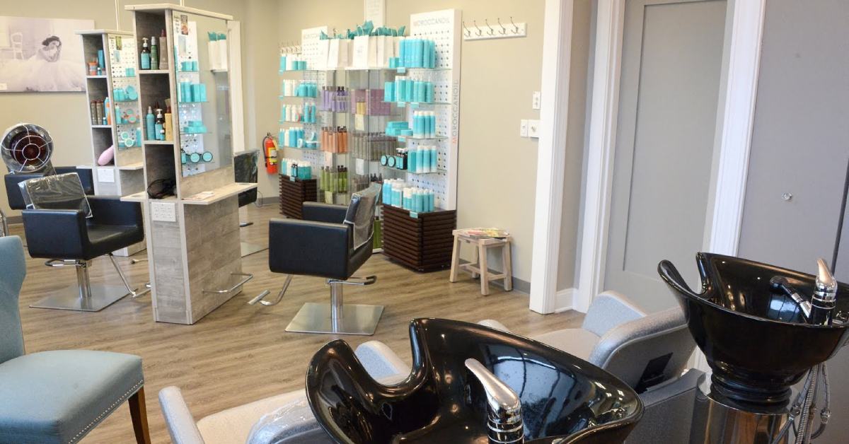 salon seating, products, and hair washing spots