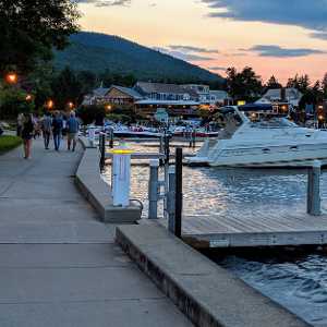 Lakefront walkway at dusk
