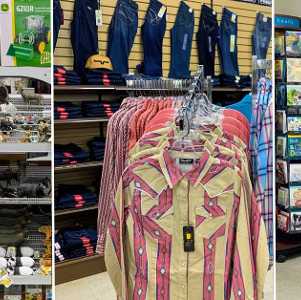 image split in three of store displays of toys, clothes, and cards