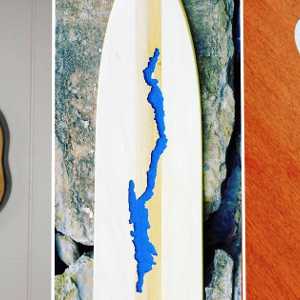 split image of three photos of items with Lake George shape on them